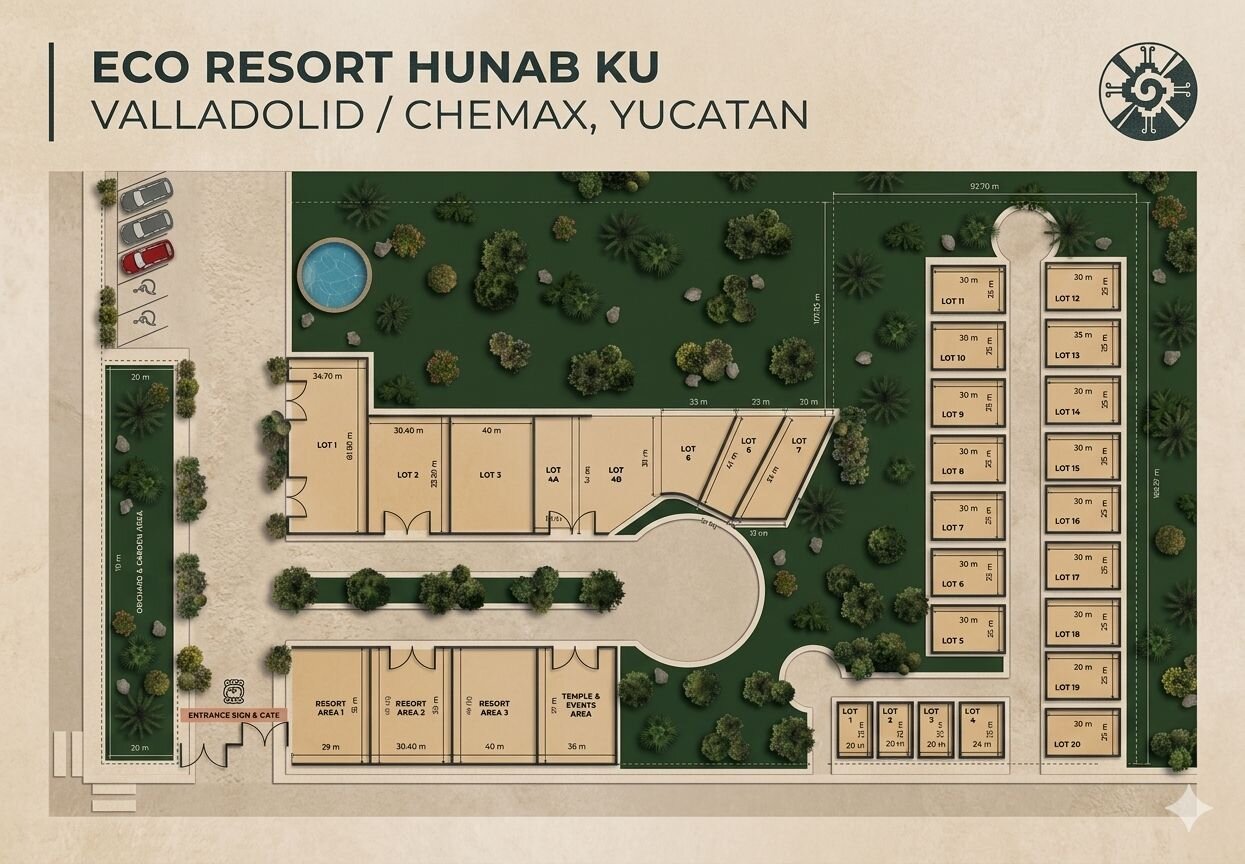 Hunab Ku site plan — illustrated map of premium off-grid ecological lots for sale in the Yucatán jungle, showing cabins, cenote, pool, and parcel layout near Chemax and Valladolid.
