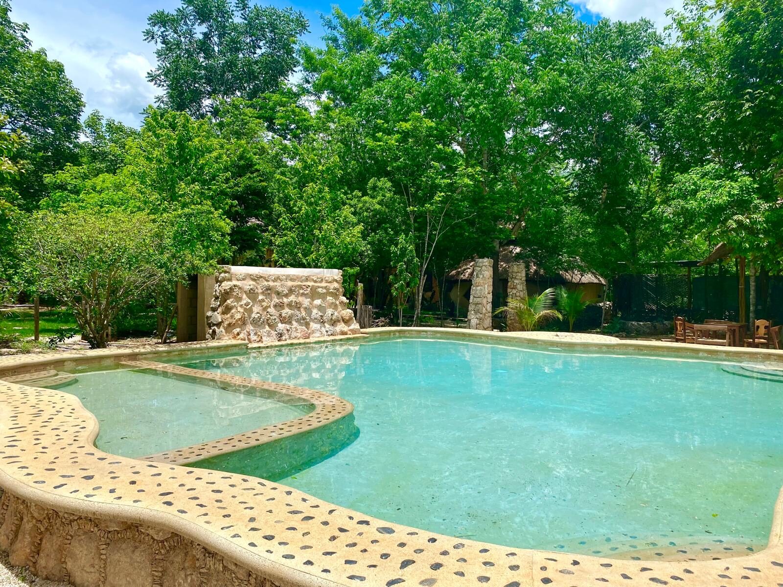 A pool surrounded by stone and native greenery in midday light.